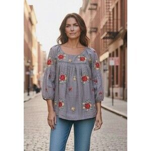 Fig and Flower Gray Embroidered Floral Blouse Women's Large 3/4 Sleeve Flowy